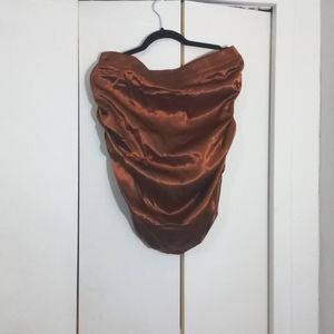 Satin Keyhole Back Mock Neck Bishop Sleeve Blouse & Ruched Skirt Without Chain